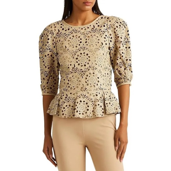 L.Ralph Lauren 100% Lambskin Leather Laser Cut Peplum Top Size 16 NWOT $395 - Picture 1 of 17